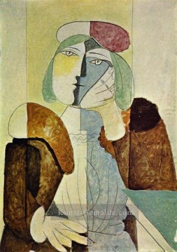 rose - Porträt Frau au chapeau paille sur fond rose 1938 kubist Pablo Picasso